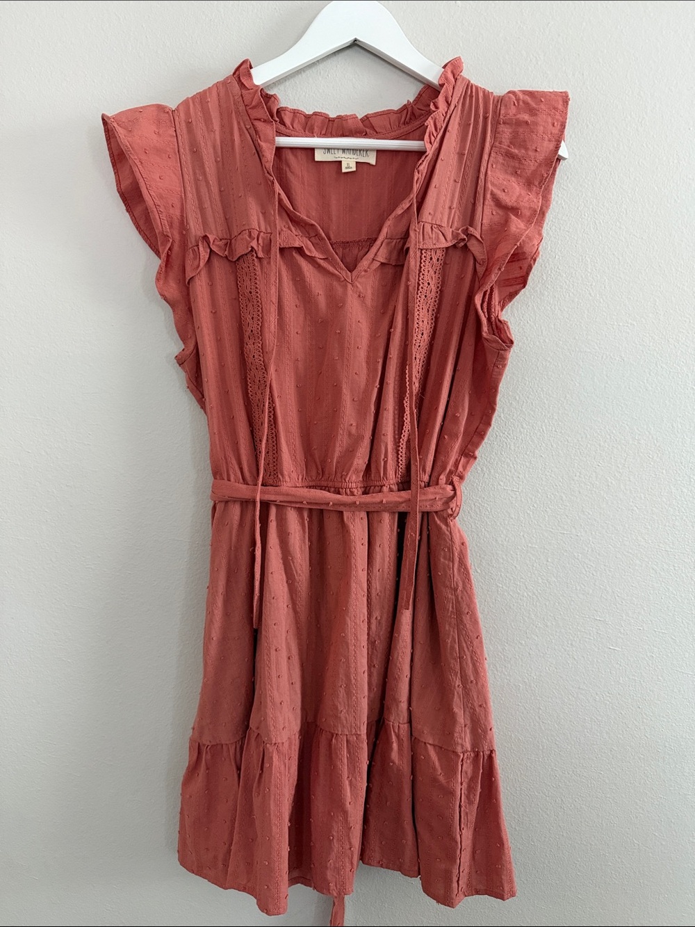Sweet Wanderer Rust Ruffle Tie-Waist Mini Dress